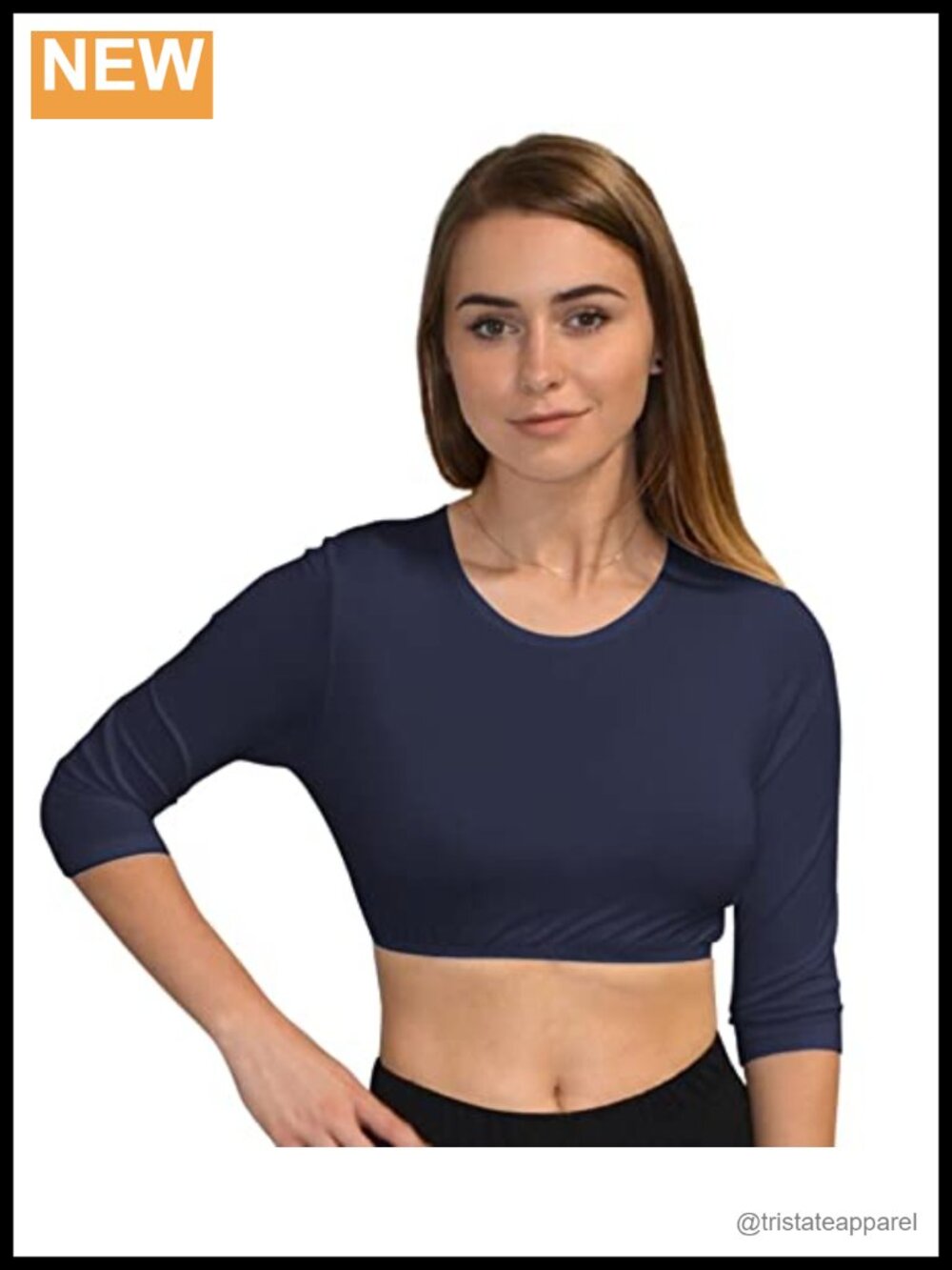 Women's Modest High Neck Cropped Layering Shell Top 3/4 Sleeve Viscose Spandex